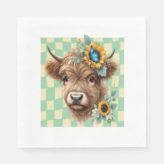 Sunflower Cow , Cute Highland Cow Napkins