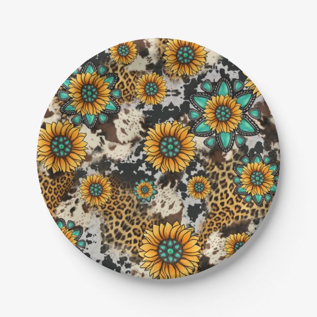 Sunflower Cow Print Western Paper Plates (Front)