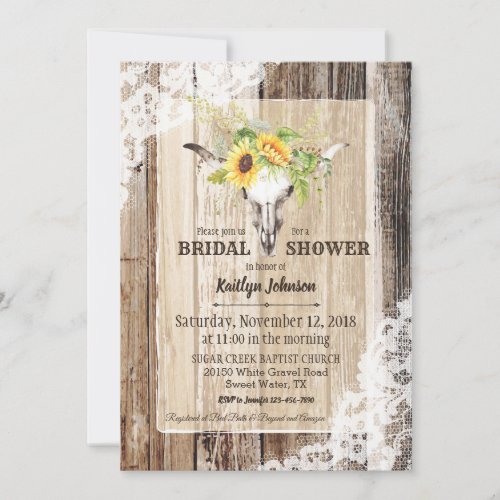 Sunflower Cow Skull Barn Wood Rustic Bridal Shower Invitation