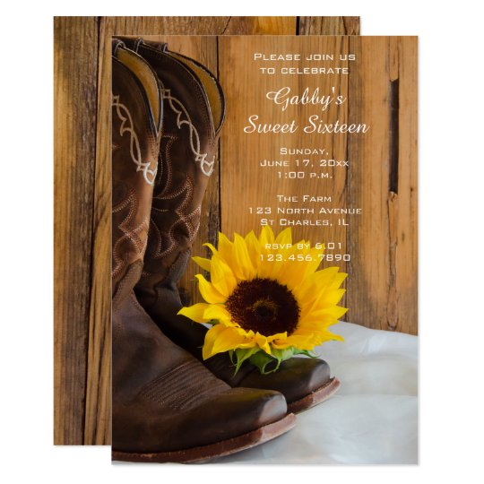 Sunflower Cowboy Boot Sweet 16 Barn Birthday Party Invitation