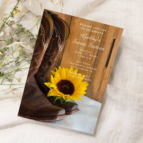 Sunflower Cowboy Boot Sweet 16 Barn Birthday Party Invitation