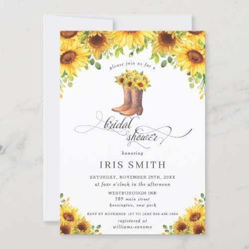 Sunflower Cowboy Boots Country Bridal Shower Invitation