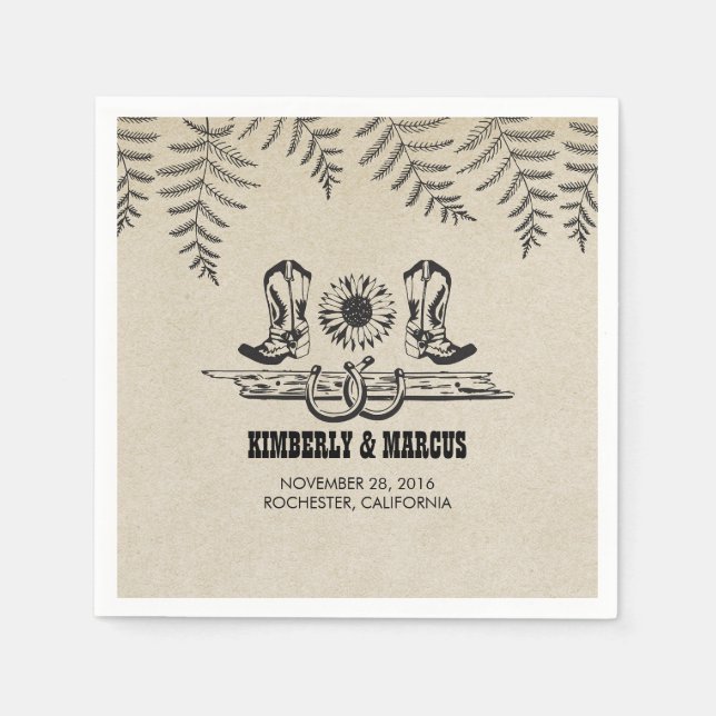 Sunflower Cowboy Boots Rustic Country Wedding Paper Napkins (Front)