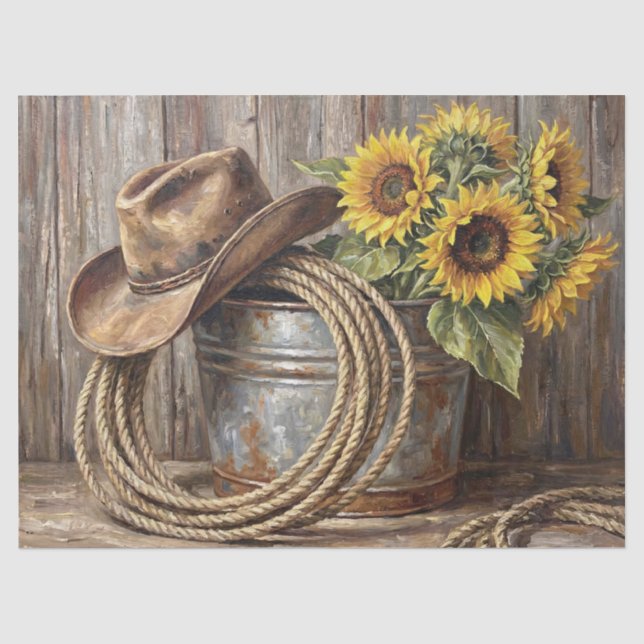 Sunflower Cowboy Hat Still Life Decoupage Tissue Paper (Front)