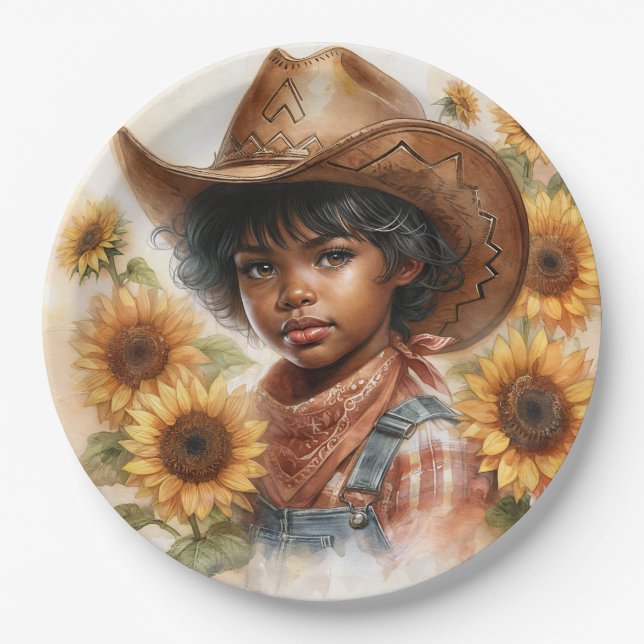 Sunflower Cowgirl Black Child Watercolor Paper Plates (Front)