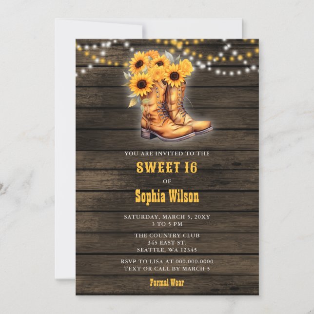 Sunflower Cowgirl Boots Barn Wood Western Sweet 16 Invitation (Front)