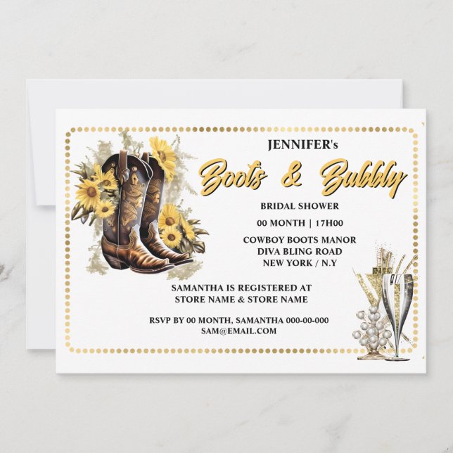 Sunflower cowgirl boots bubbly gold frame chic invitation (Front)