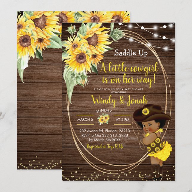 Sunflower Cowgirl rustic Afro Girl Baby Shower Inv Invitation (Front/Back)