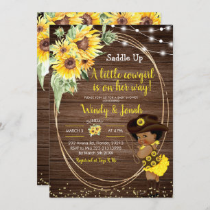 Sunflower Cowgirl rustic Afro Girl Baby Shower Inv Invitation