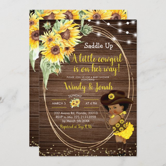 Sunflower Cowgirl rustic Afro Girl Baby Shower Inv Invitation (Front/Back)