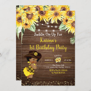 Sunflower Cowgirl rustic Afro Girl Baby Shower Inv Invitation