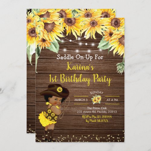 Sunflower Cowgirl rustic Afro Girl Baby Shower Inv Invitation