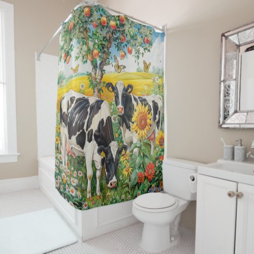 sunflower cows with apple tree  Shower Curtain