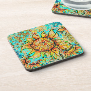 Sunflower Craze colorful summery pattern Beverage Coaster