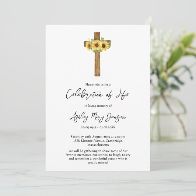 Sunflower Cross Celebration of Life Funeral Invitation (Standing Front)