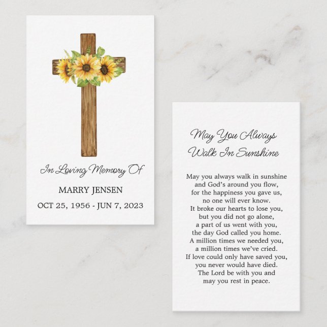 Sunflower Cross Memorial Funeral Prayer Card (Front/Back)