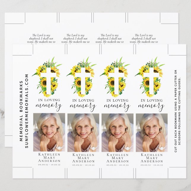Sunflower Cross Photo Memorial Bookmark (Front/Back)