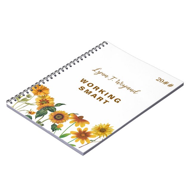Sunflower Custom Name Bright Floral Notebook (Left Side)