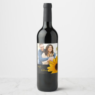 Sunflower, custom photo wine bottle with names label