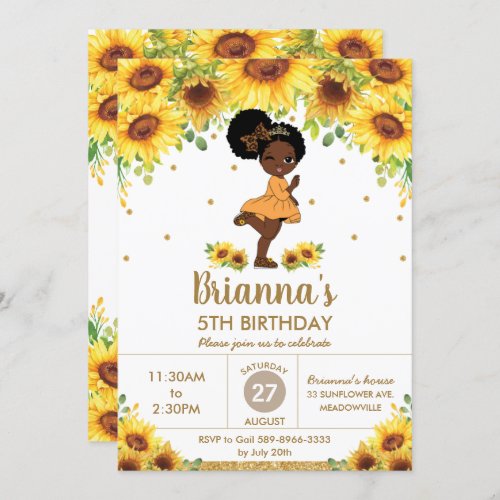 Sunflower Cute African American Girl Birthday Invitation