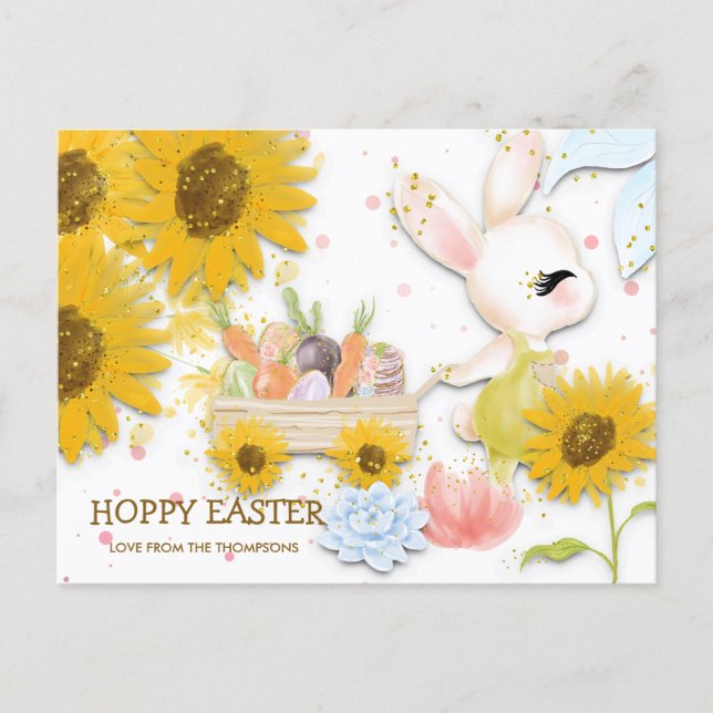 Sunflower Cute Bunny Hoppy Easter White Holiday Postcard (Front)