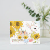 Sunflower Cute Bunny Hoppy Easter White Holiday Postcard (Standing Front)