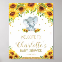 Sunflower Cute Elephant Boy Baby Shower Welcome Poster