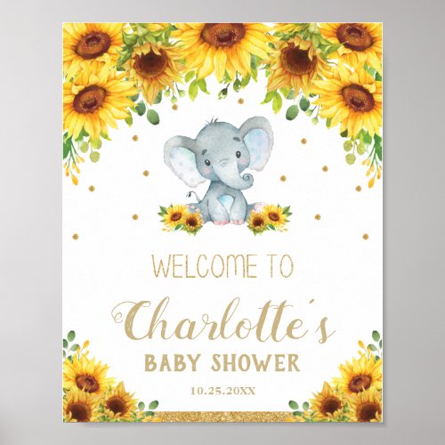 Sunflower Cute Elephant Boy Baby Shower Welcome Poster