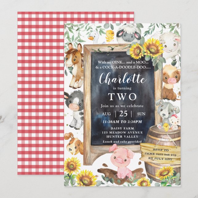 Sunflower Cute Farm Animals Barnyard Birthday Invitation (Front/Back)