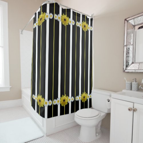 Sunflower Daisies And Stripes Shower Curtain