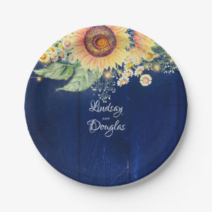 Sunflower Daisies Baby's Breath Navy Blue Rustic Paper Plates