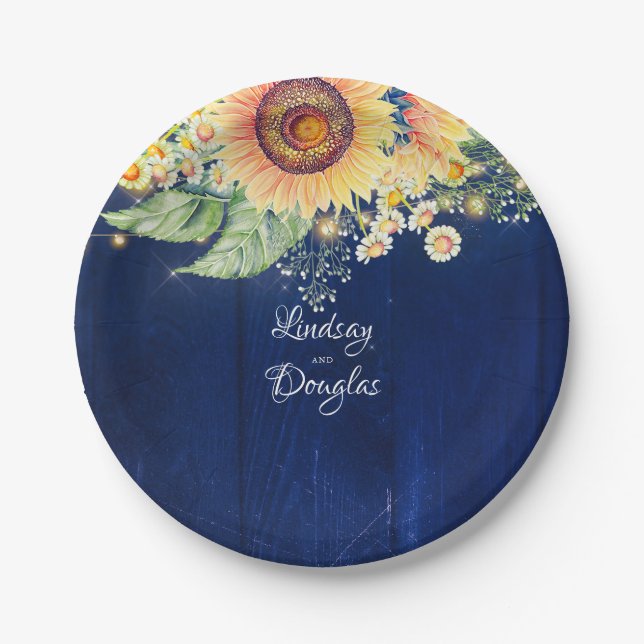 Sunflower Daisies Baby's Breath Navy Blue Rustic Paper Plates (Front)