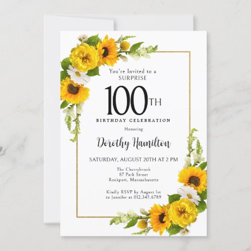 Sunflower Daisy 100th Birthday Surprise Party Invitation