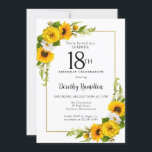 Sunflower Daisy 18th Birthday Surprise Party Invitation<br><div class="desc">Pretty yellow sunflower floral 18th birthday invitation. Yellow peonies and white daisies mingle with the sunflowers. A rectangular gold frame gives it an elegant vibe. Very easy to customize. That back is white with a sunflower bouquet. This is a perfect for a summer birthday celebration. This item is party of...</div>