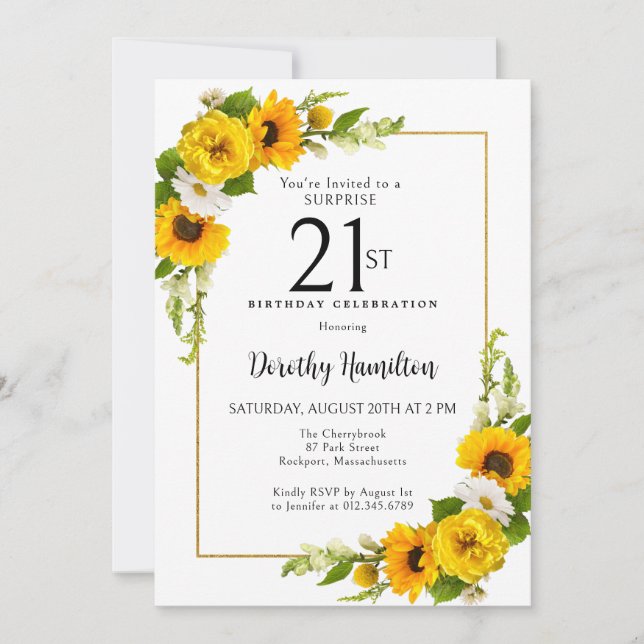 Sunflower Daisy 21st Birthday Surprise Party Invitation (Front)