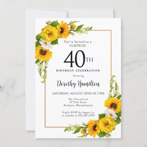 Sunflower Daisy 40th Birthday Surprise Party Invitation