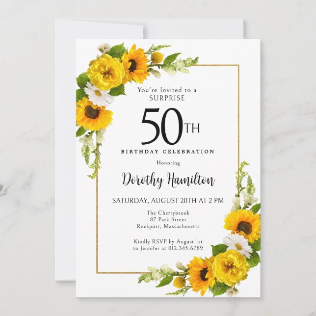 Sunflower Daisy 50th Birthday Surprise Party Invitation (Front)