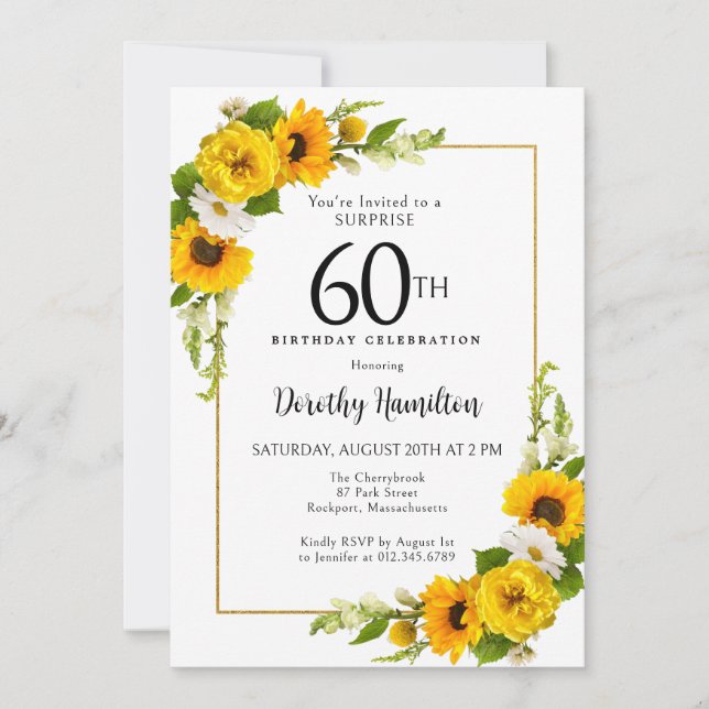 Sunflower Daisy 60th Birthday Surprise Party Invitation (Front)