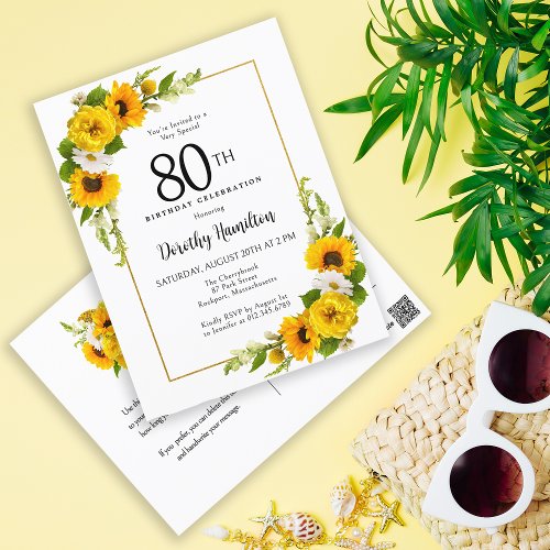  Sunflower Daisy 80th Birthday Party Invitation Postcard
