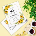 Sunflower Daisy 90th Birthday Party Invitation Postcard<br><div class="desc">Pretty yellow sunflower floral 90th birthday card. Yellow peonies and white daisies mingle with the sunflowers. A rectangular gold frame gives it an elegant vibe. Very easy to customize. The back has a sunflower bouquet. This is a perfect for a summer birthday celebration. This item is part of the Yellow...</div>