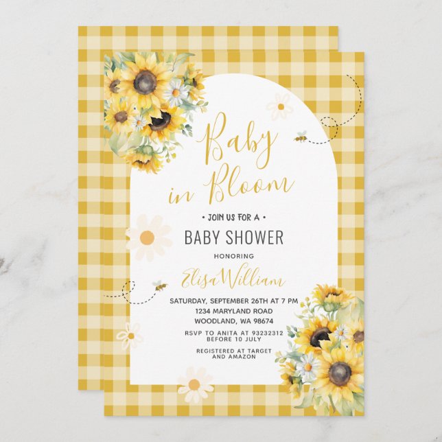 Sunflower Daisy Bee Baby in Bloom  Invitation (Front/Back)