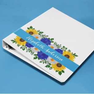 Sunflower Daisy Blue Floral 3 Ring Binder