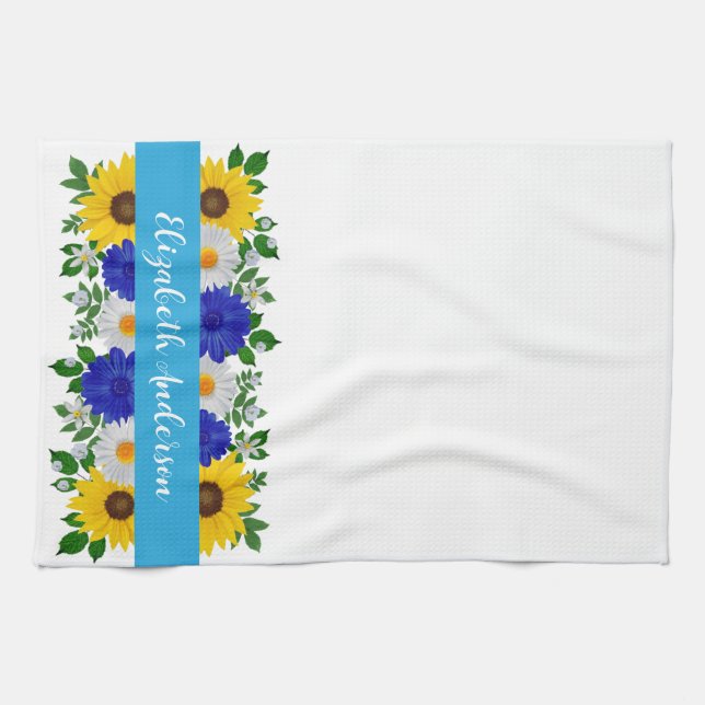 Sunflower Daisy Blue Floral Kitchen Towel (Horizontal)