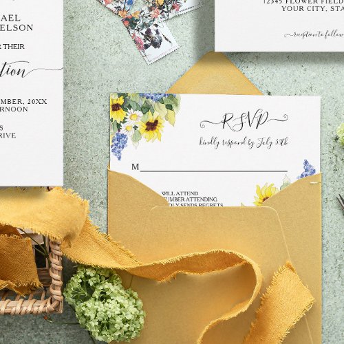 Sunflower Daisy Blue Floral Rustic Watercolor RSVP