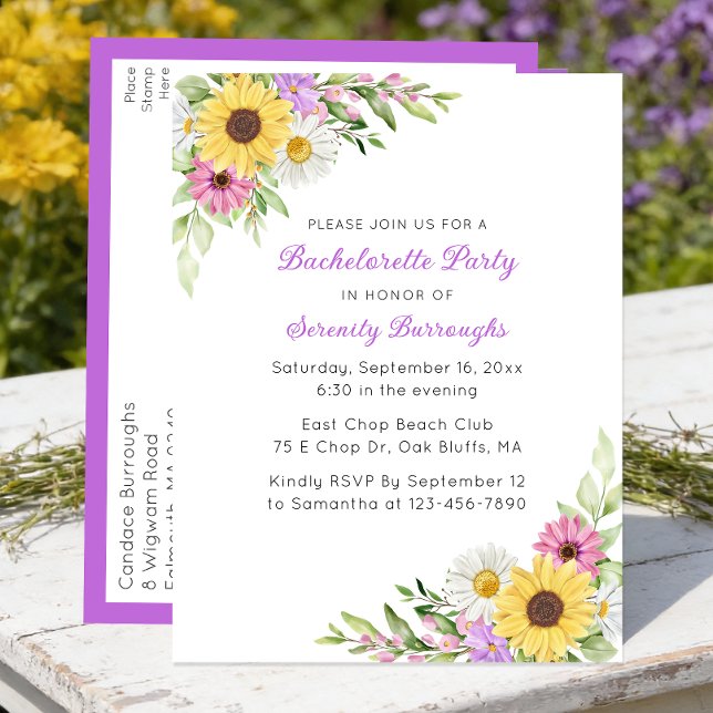 Sunflower Daisy Boho Spring  Garden Bachelorette Invitation Postcard (Creator Uploaded)