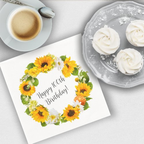 Sunflower Daisy Floral 100th Birthday Party Napkins
