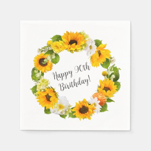 Sunflower Daisy Floral 90th Birthday Party Napkins