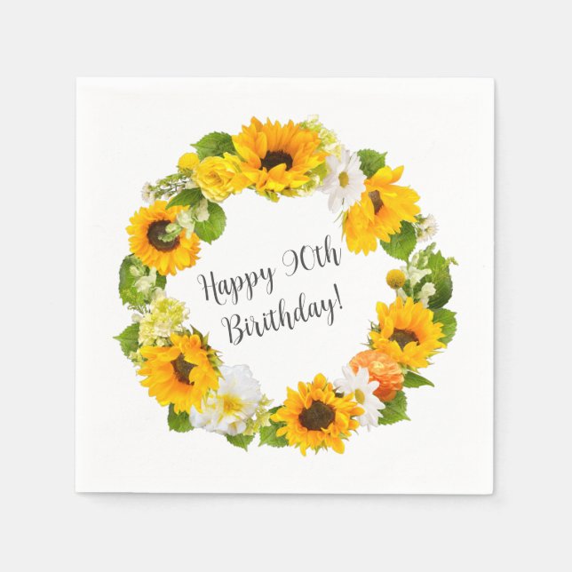 Sunflower Daisy Floral 90th Birthday Party Napkins (Front)
