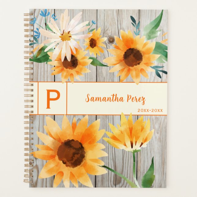Sunflower Daisy Floral Wood Rustic Flower Art Planner (Front)