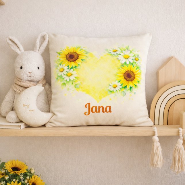 Sunflower Daisy Heart Name Nursery Art Throw Pillow (Creator Uploaded)